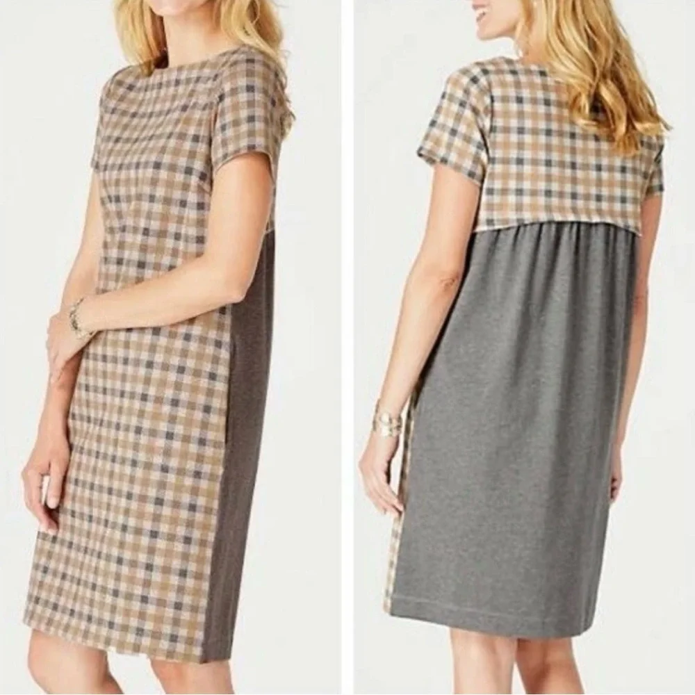 J. Jill Plaid Short Sleeve Dress Pockets Modest Office Camel Multi Size XL - Picture 2 of 9